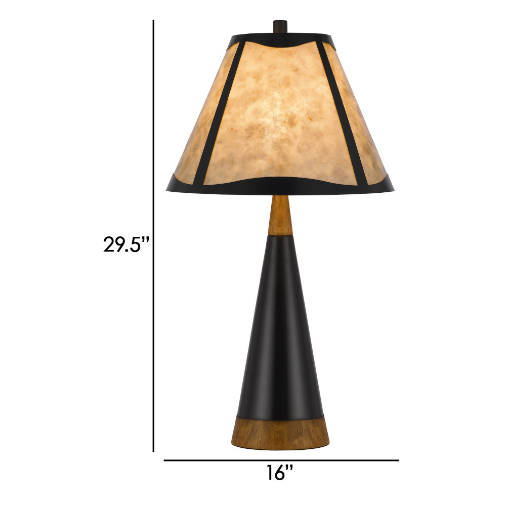 Benjara 30 Inch 3 Way Table Lamp, Beige Mica Shade, Rubberwood And Black Metal Body