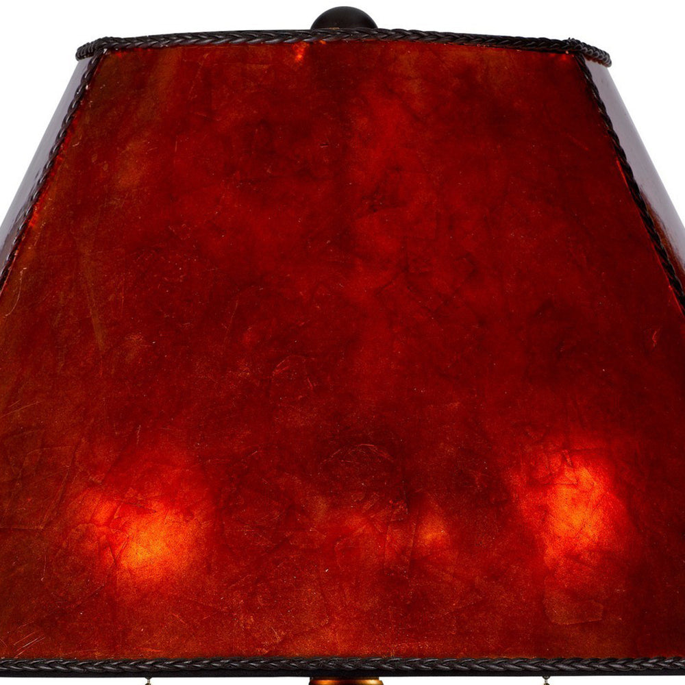 Benjara 20 Inch Table Lamp, Vintage Red Amber Mica Shade, Upturned Arms, Round Body