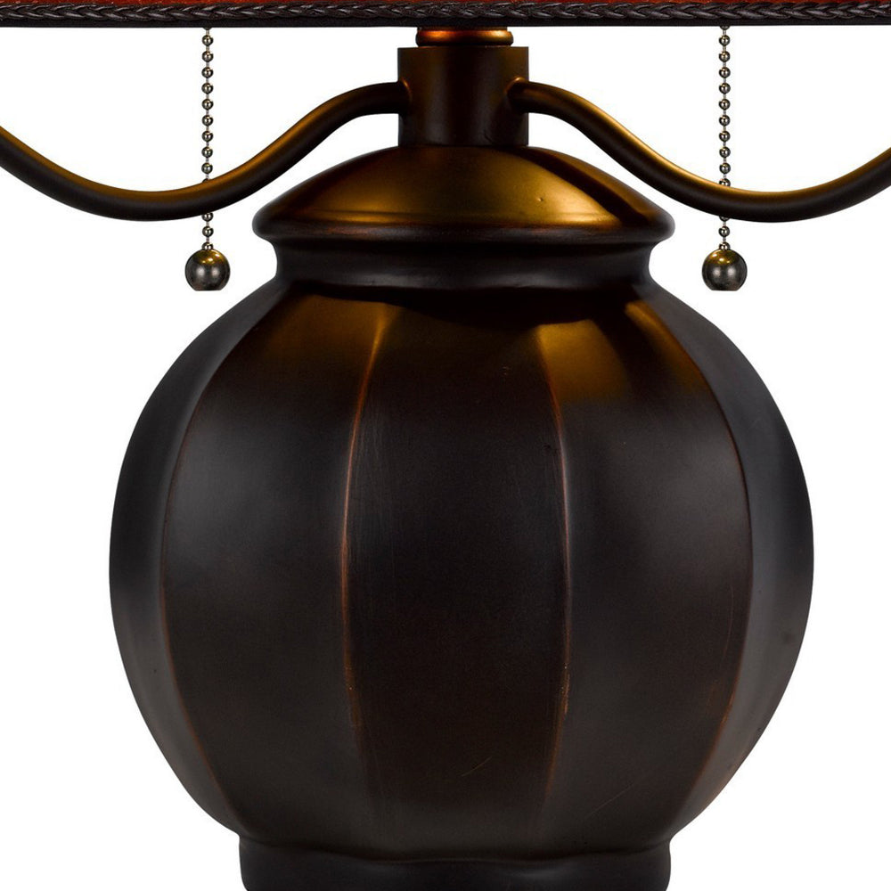 Benjara 20 Inch Table Lamp, Vintage Red Amber Mica Shade, Upturned Arms, Round Body