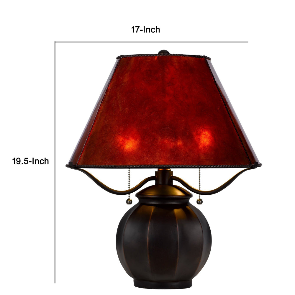 Benjara 20 Inch Table Lamp, Vintage Red Amber Mica Shade, Upturned Arms, Round Body