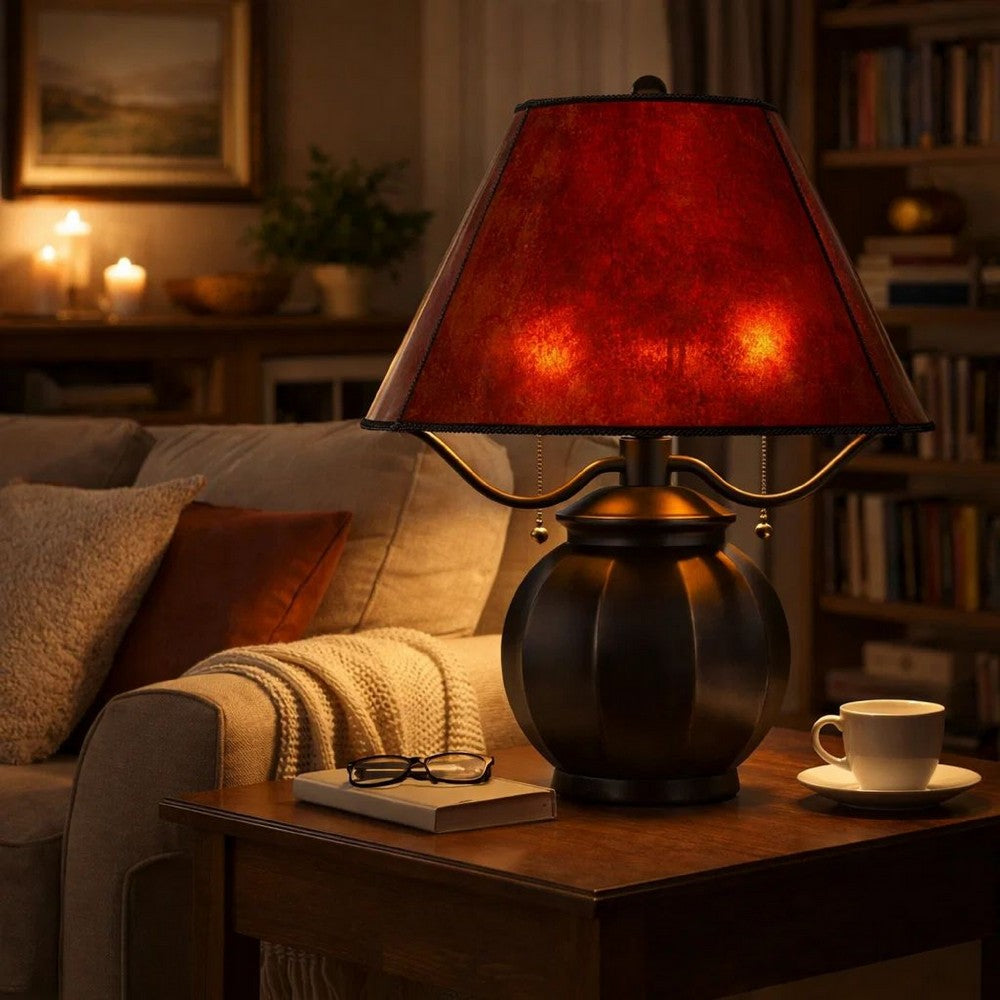 Benjara 20 Inch Table Lamp, Vintage Red Amber Mica Shade, Upturned Arms, Round Body
