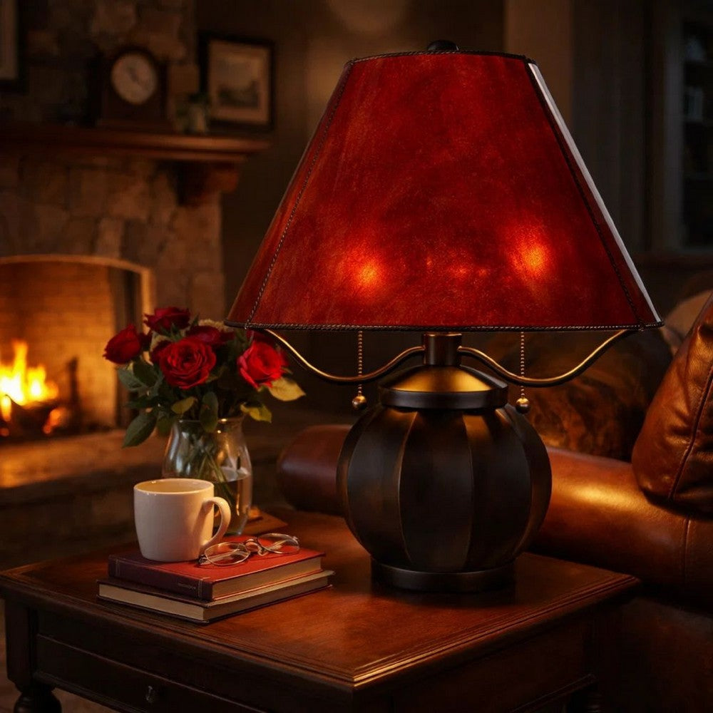 Benjara 20 Inch Table Lamp, Vintage Red Amber Mica Shade, Upturned Arms, Round Body