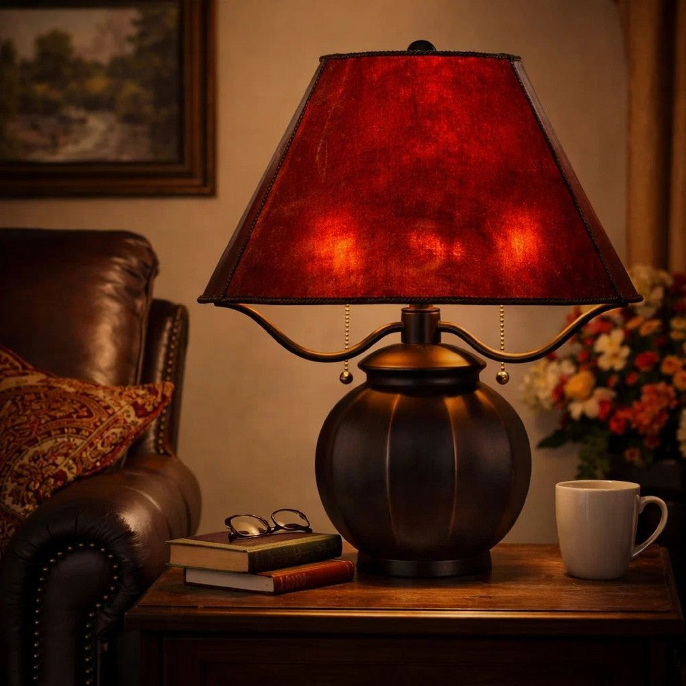 Benjara 20 Inch Table Lamp, Vintage Red Amber Mica Shade, Upturned Arms, Round Body