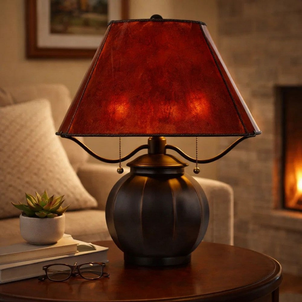Benjara 20 Inch Table Lamp, Vintage Red Amber Mica Shade, Upturned Arms, Round Body