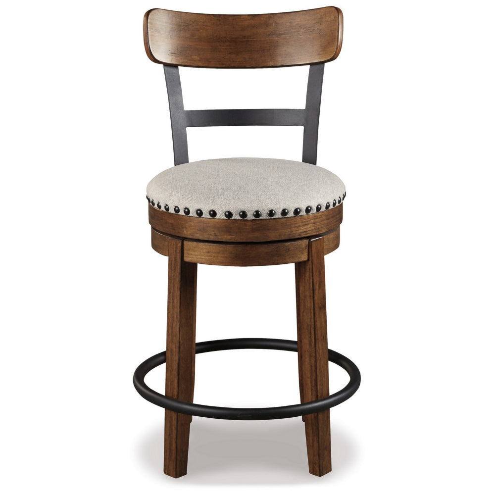 Benjara Zane 25 Inch Swivel Counter Height Stool, Round Cushioned Seat, Brown Wood