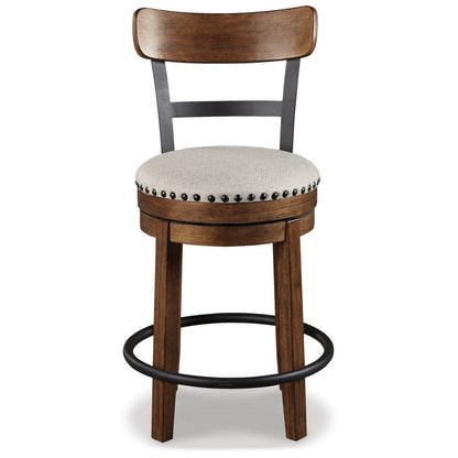 Benjara Zane 25 Inch Swivel Counter Height Stool, Round Cushioned Seat, Brown Wood