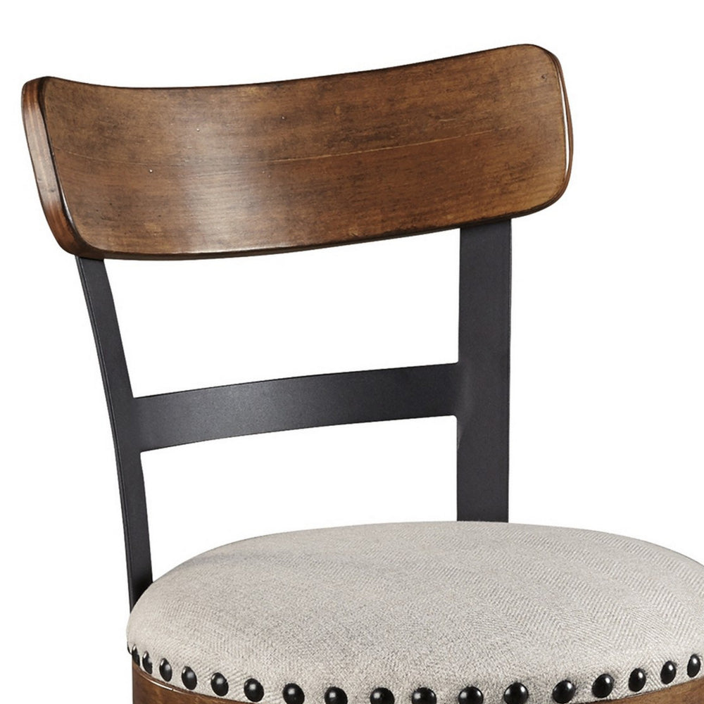 Benjara Zane 25 Inch Swivel Counter Height Stool, Round Cushioned Seat, Brown Wood