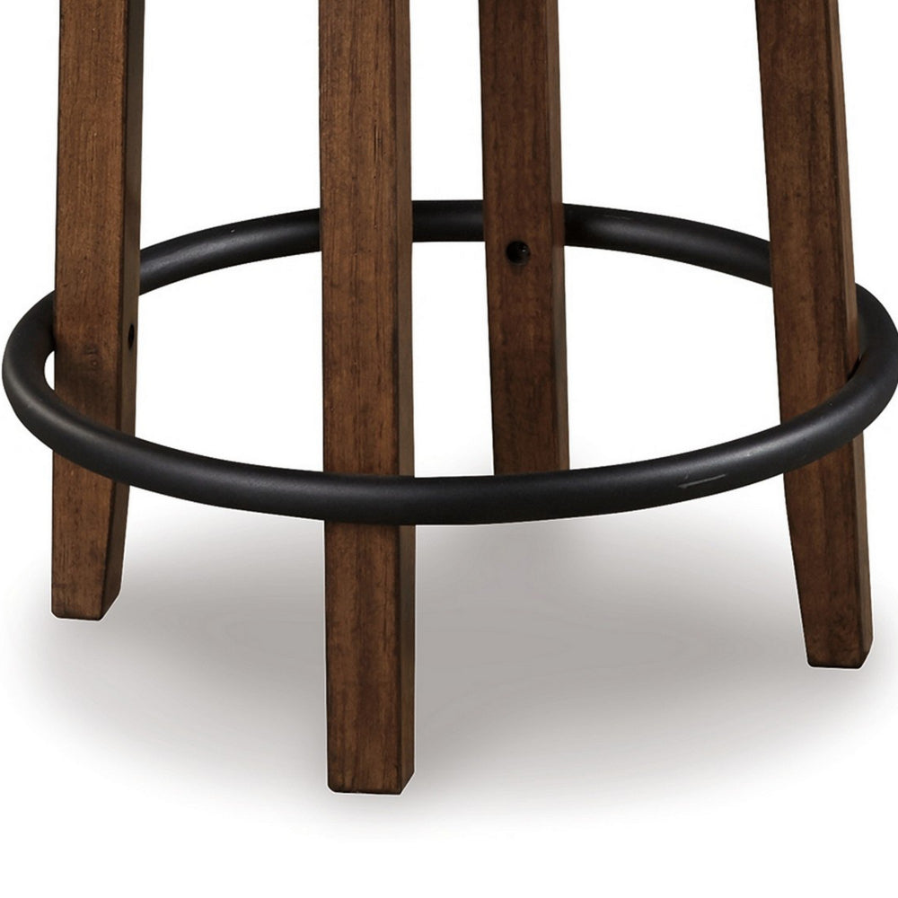 Benjara Zane 25 Inch Swivel Counter Height Stool, Round Cushioned Seat, Brown Wood