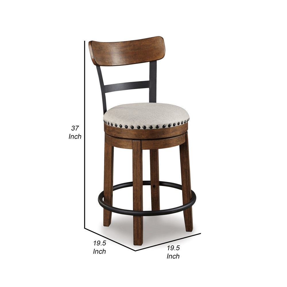 Benjara Zane 25 Inch Swivel Counter Height Stool, Round Cushioned Seat, Brown Wood