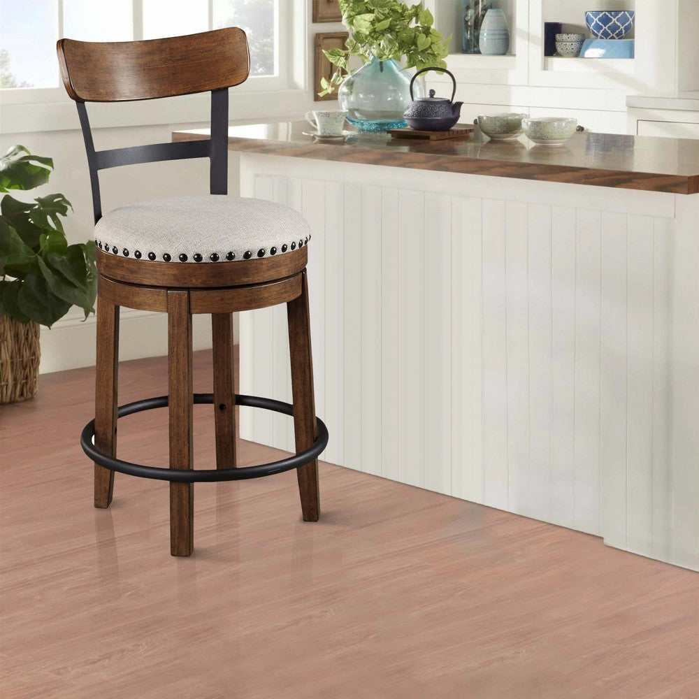 Benjara Zane 25 Inch Swivel Counter Height Stool, Round Cushioned Seat, Brown Wood