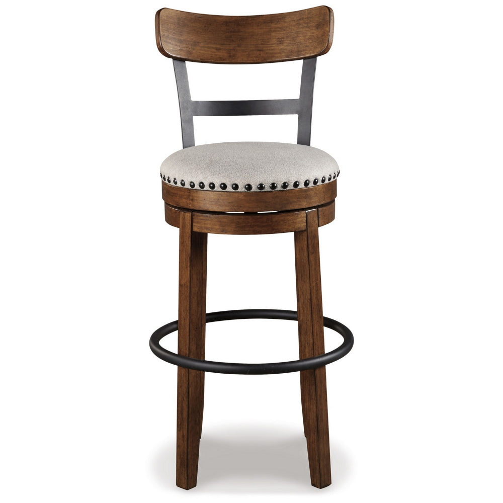 Benjara Zane 30 Inch Swivel Barstool, Round Cushioned Seat, Rich Brown Wood Frame