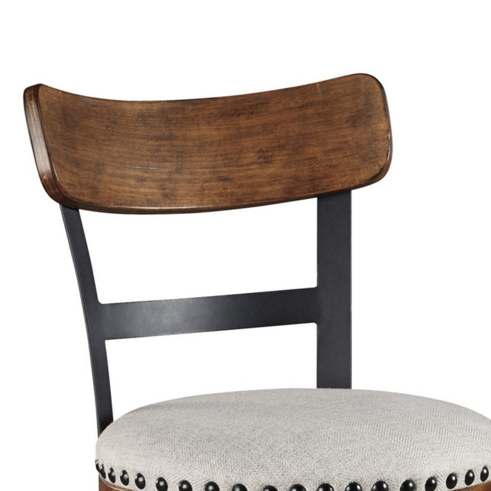 Benjara Zane 30 Inch Swivel Barstool, Round Cushioned Seat, Rich Brown Wood Frame