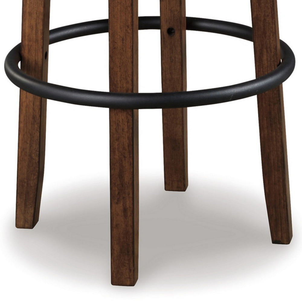 Benjara Zane 30 Inch Swivel Barstool, Round Cushioned Seat, Rich Brown Wood Frame
