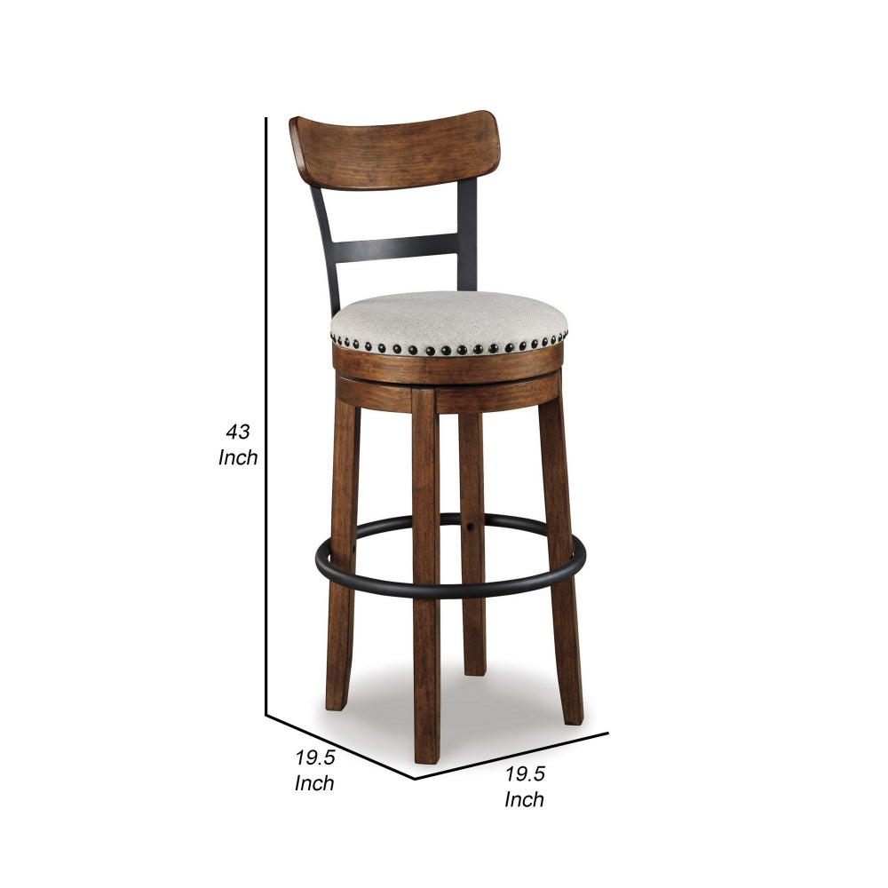 Benjara Zane 30 Inch Swivel Barstool, Round Cushioned Seat, Rich Brown Wood Frame