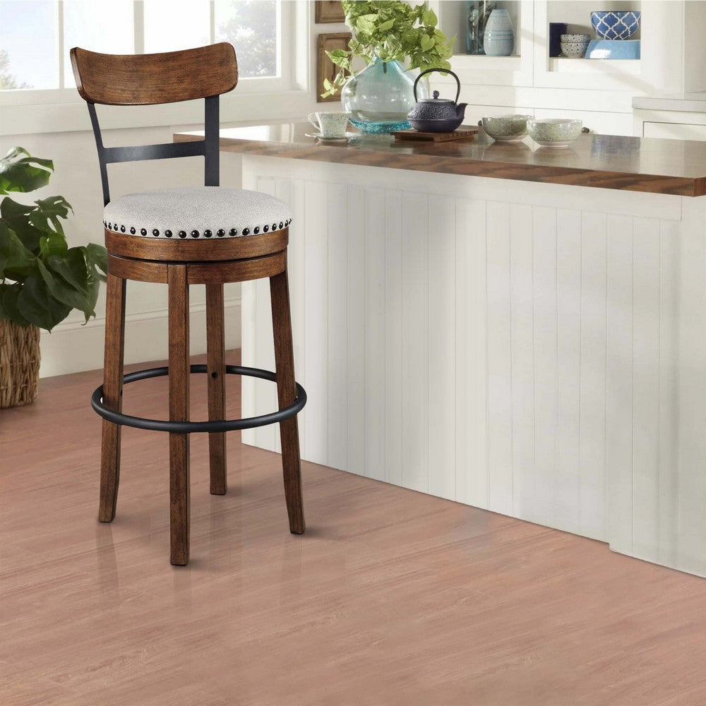 Benjara Zane 30 Inch Swivel Barstool, Round Cushioned Seat, Rich Brown Wood Frame