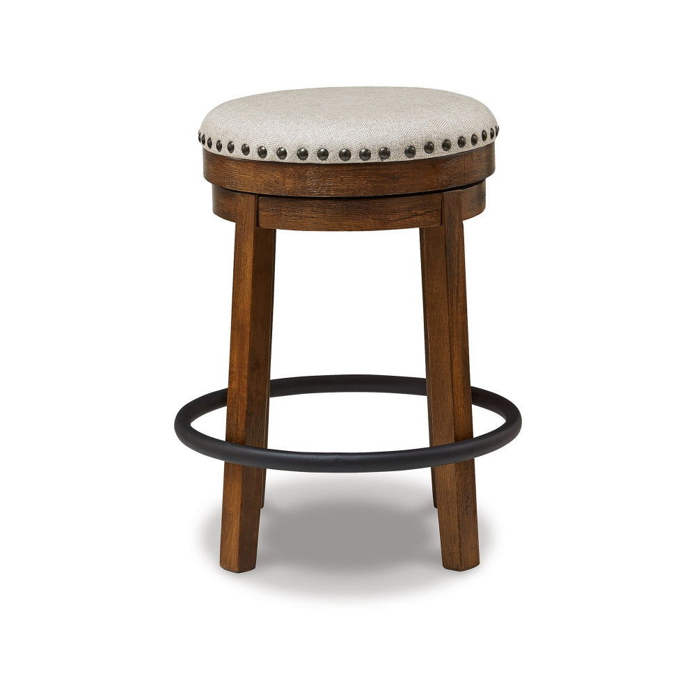 Benjara Zane 24 Inch Backless Swivel Counter Stool, Round Beige Seat, Brown Wood