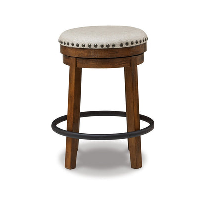 Benjara Zane 24 Inch Backless Swivel Counter Stool, Round Beige Seat, Brown Wood