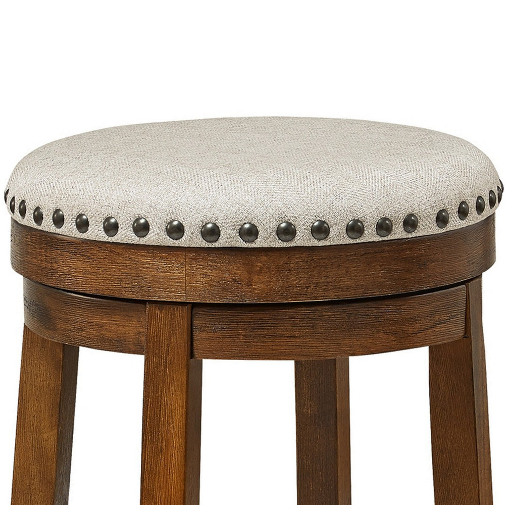 Benjara Zane 24 Inch Backless Swivel Counter Stool, Round Beige Seat, Brown Wood