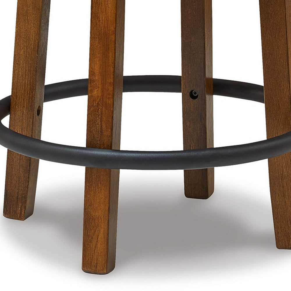 Benjara Zane 24 Inch Backless Swivel Counter Stool, Round Beige Seat, Brown Wood