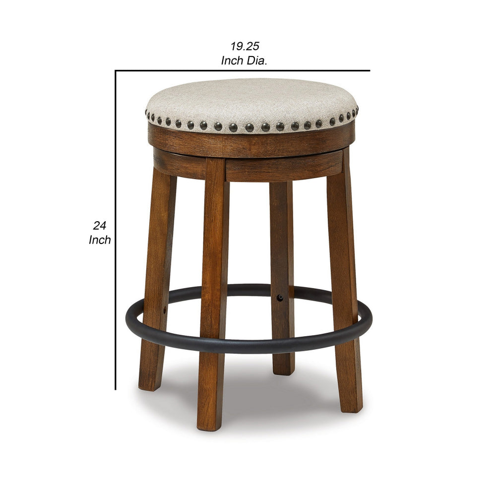 Benjara Zane 24 Inch Backless Swivel Counter Stool, Round Beige Seat, Brown Wood