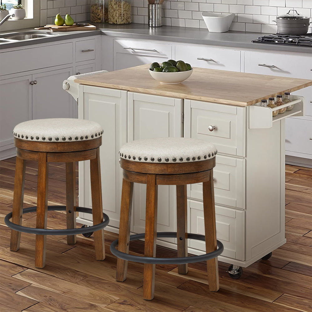 Benjara Zane 24 Inch Backless Swivel Counter Stool, Round Beige Seat, Brown Wood