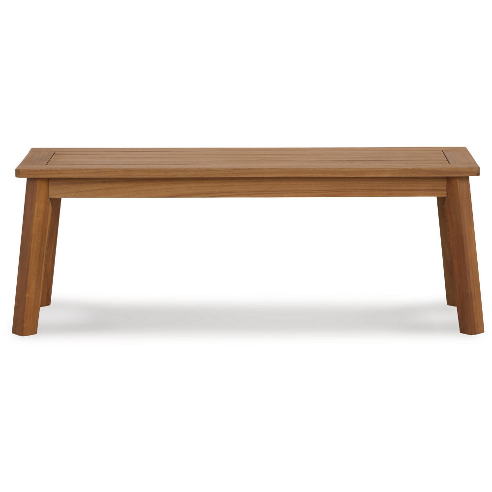 Benjara 47 Inch Rectangular Bench, Natural Acacia Wood, Slatted Seat, Angled Legs