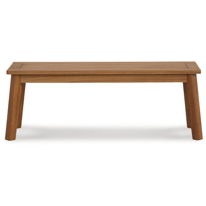Benjara 47 Inch Rectangular Bench, Natural Acacia Wood, Slatted Seat, Angled Legs