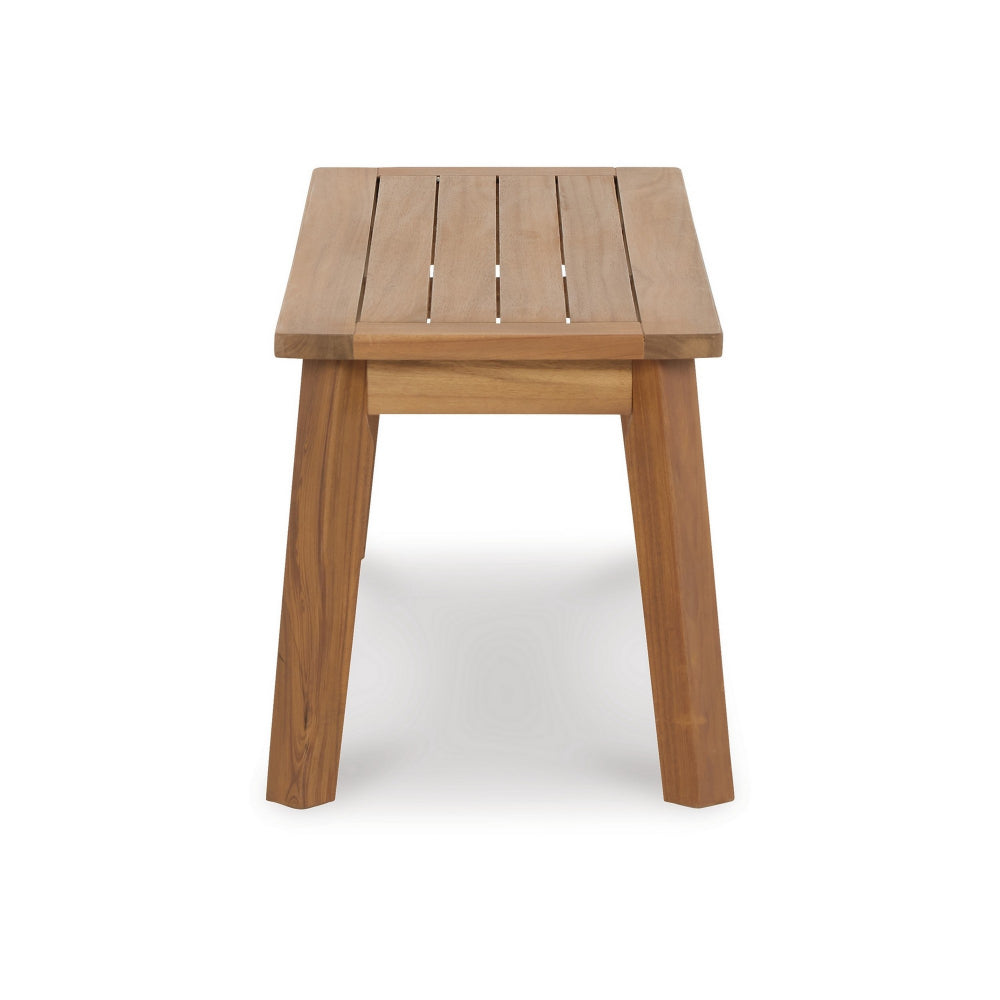 Benjara 47 Inch Rectangular Bench, Natural Acacia Wood, Slatted Seat, Angled Legs