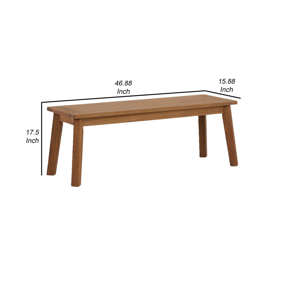 Benjara 47 Inch Rectangular Bench, Natural Acacia Wood, Slatted Seat, Angled Legs