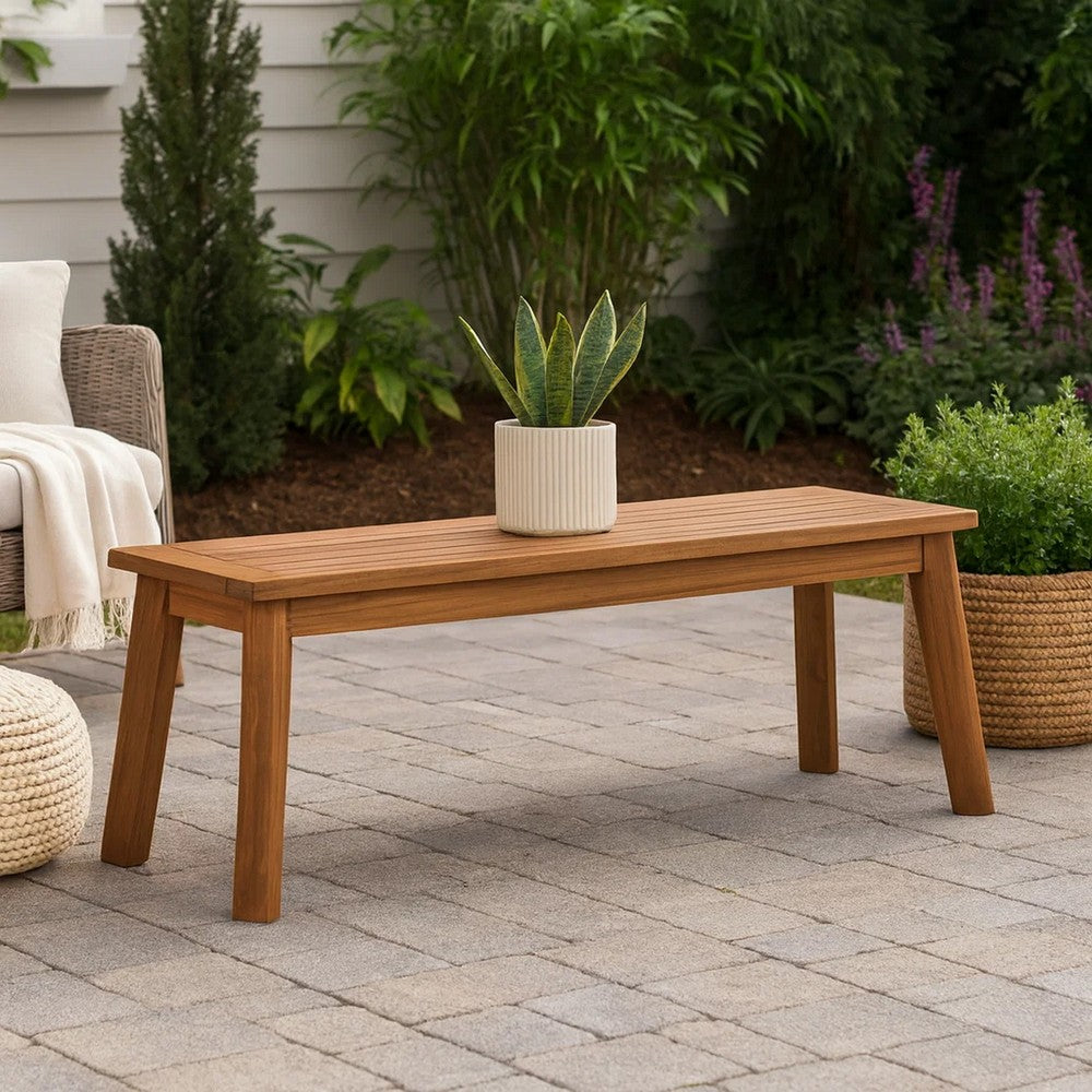 Benjara 47 Inch Rectangular Bench, Natural Acacia Wood, Slatted Seat, Angled Legs