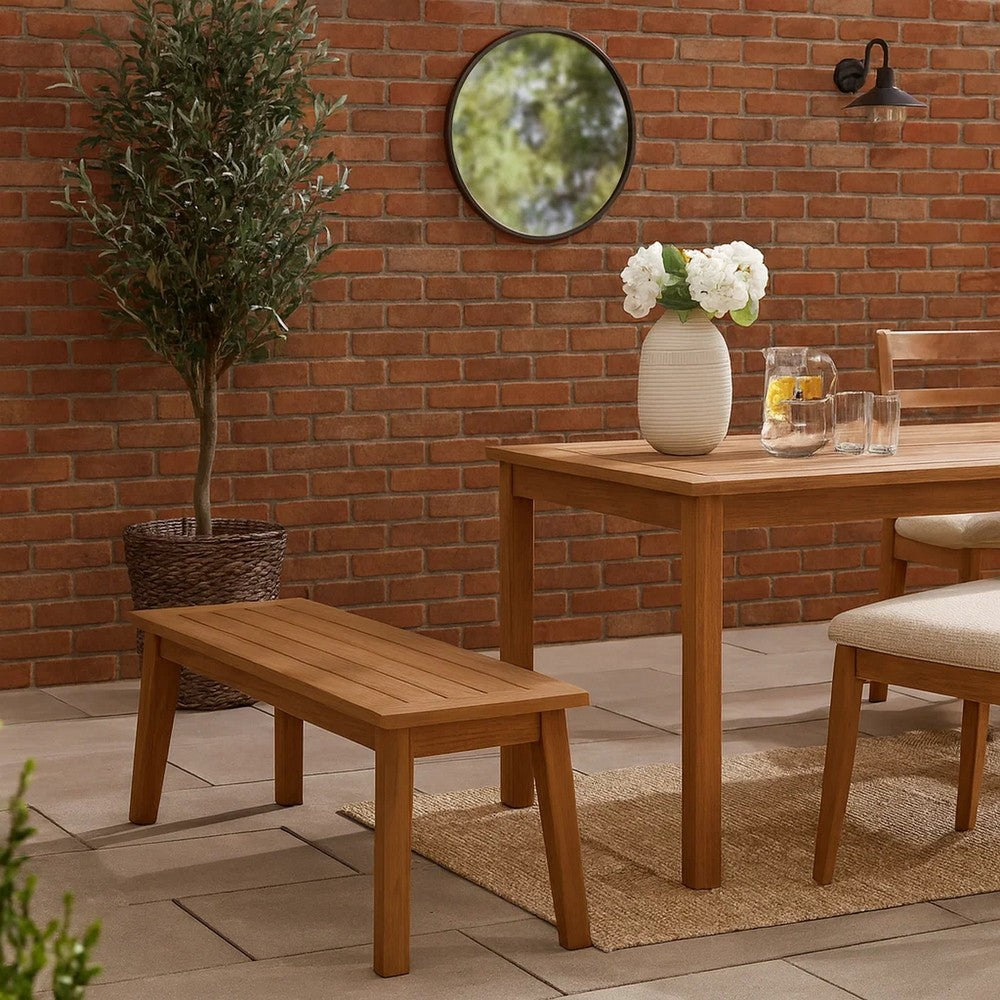 Benjara 47 Inch Rectangular Bench, Natural Acacia Wood, Slatted Seat, Angled Legs