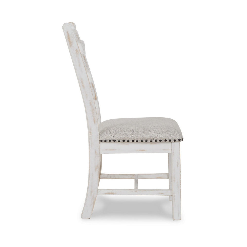 Benjara Zane 20 Inch Dining Chair, Set of 2, Beige Polyester Seat, Antique White