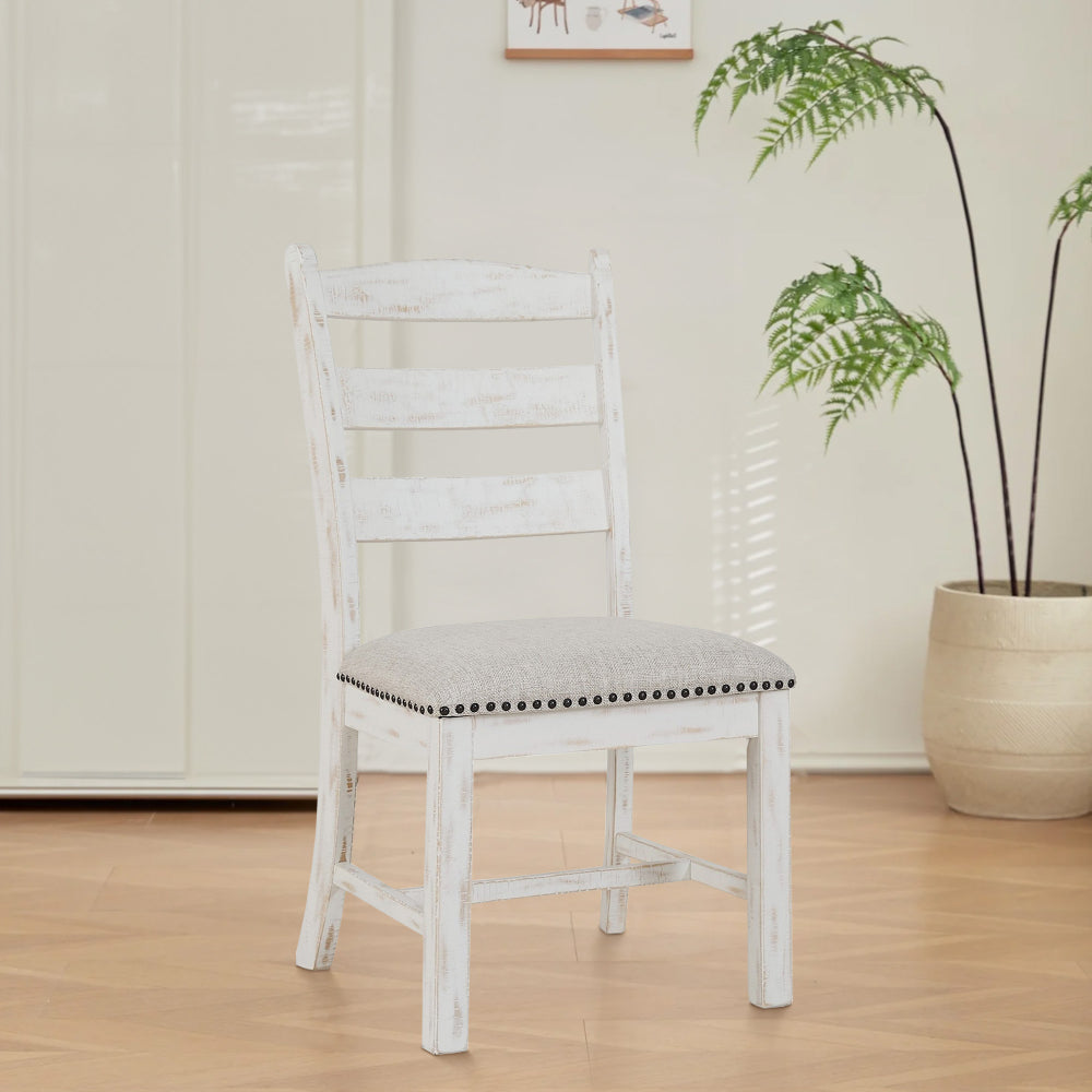 Benjara Zane 20 Inch Dining Chair, Set of 2, Beige Polyester Seat, Antique White