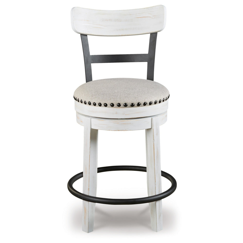 Benjara Zane Swivel 24.5 Inch Counter Stool Chair | Nailhead Trim | Curved Back | Distressed White And Black