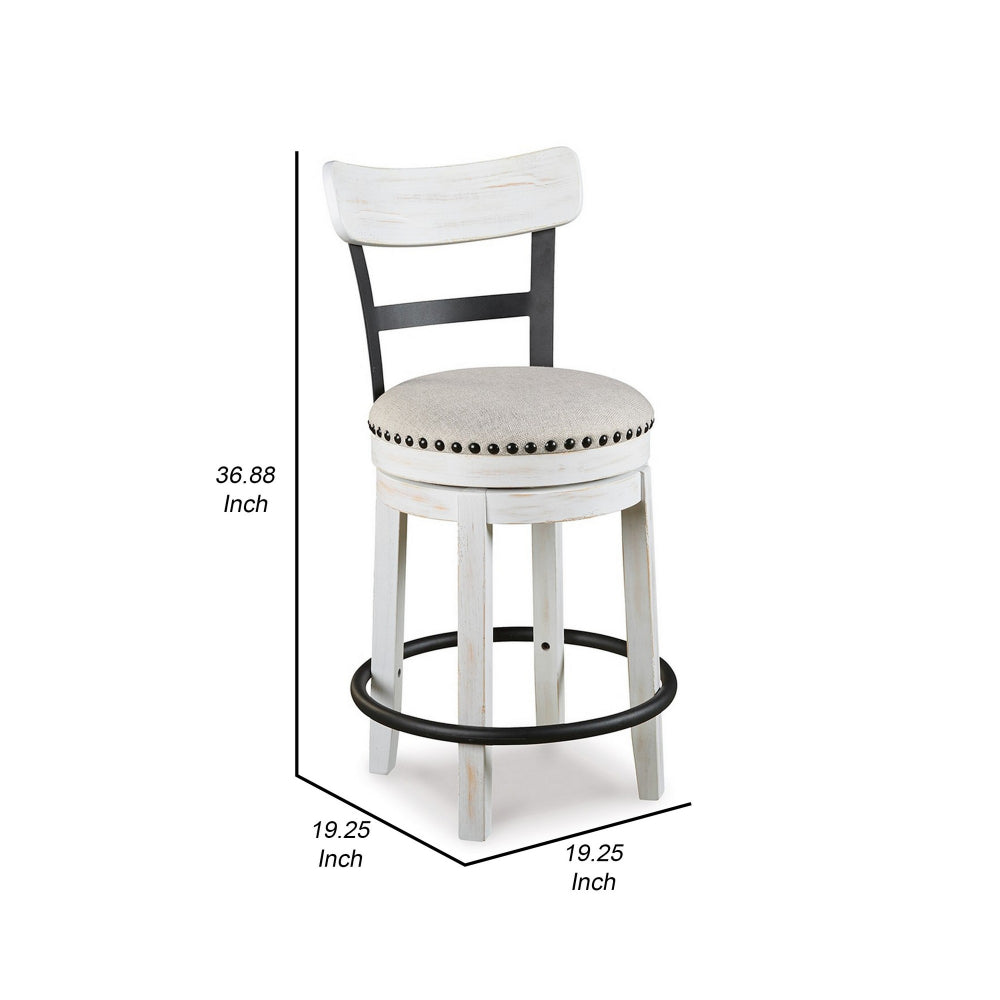 Benjara Zane Swivel 24.5 Inch Counter Stool Chair | Nailhead Trim | Curved Back | Distressed White And Black
