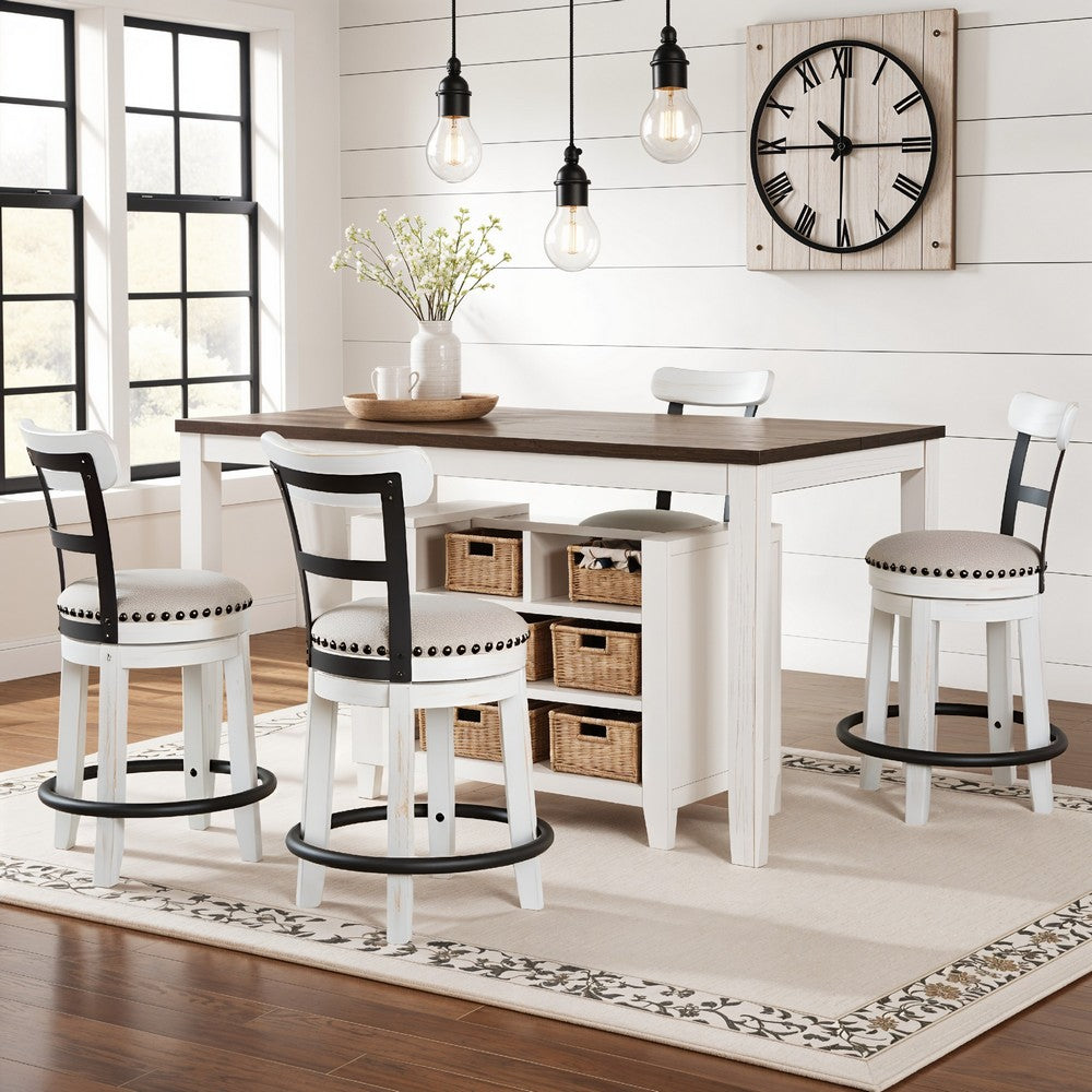 Benjara Zane Swivel 24.5 Inch Counter Stool Chair | Nailhead Trim | Curved Back | Distressed White And Black