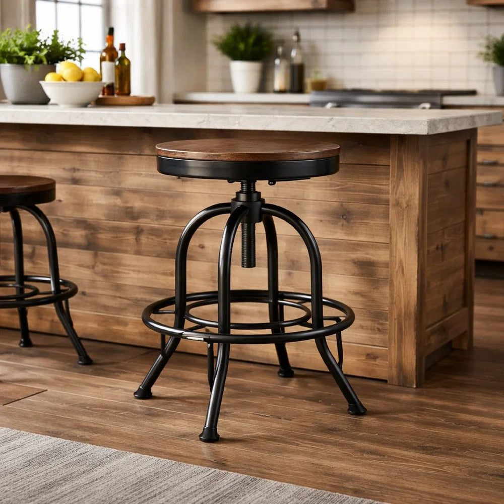 Benjara Zane 24 Inch Adjustable Swivel Counter Stool, Set of 2, Black Metal Base