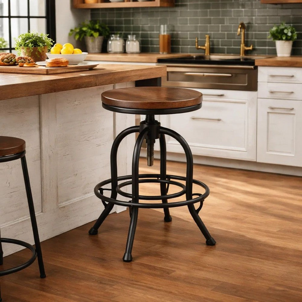 Benjara Zane 24 Inch Adjustable Swivel Counter Stool, Set of 2, Black Metal Base