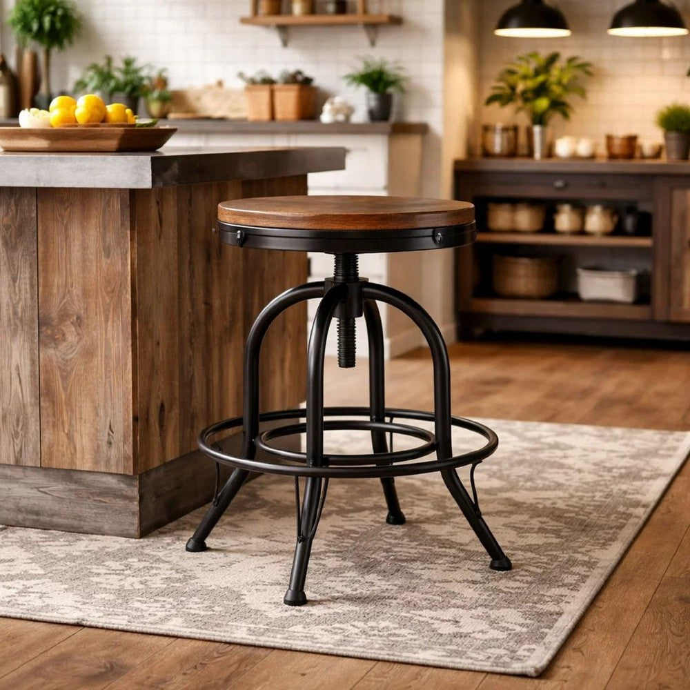 Benjara Zane 24 Inch Adjustable Swivel Counter Stool, Set of 2, Black Metal Base