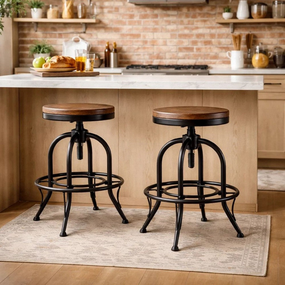 Benjara Zane 24 Inch Adjustable Swivel Counter Stool, Set of 2, Black Metal Base