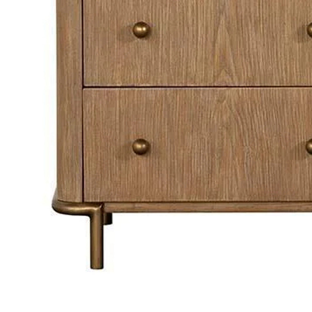 Benjara Hiz 29 Inch 3 Drawer Nightstand with Dual USB Ports, Brass Legs, Brown