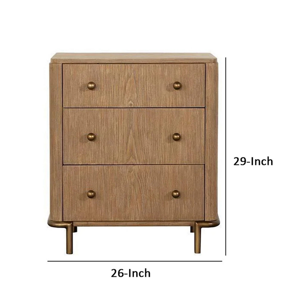 Benjara Hiz 29 Inch 3 Drawer Nightstand with Dual USB Ports, Brass Legs, Brown