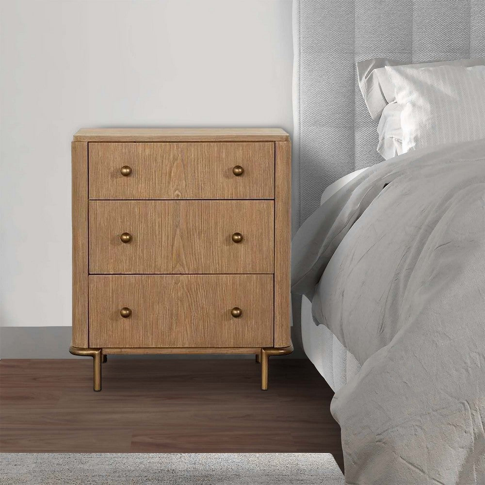 Benjara Hiz 29 Inch 3 Drawer Nightstand with Dual USB Ports, Brass Legs, Brown