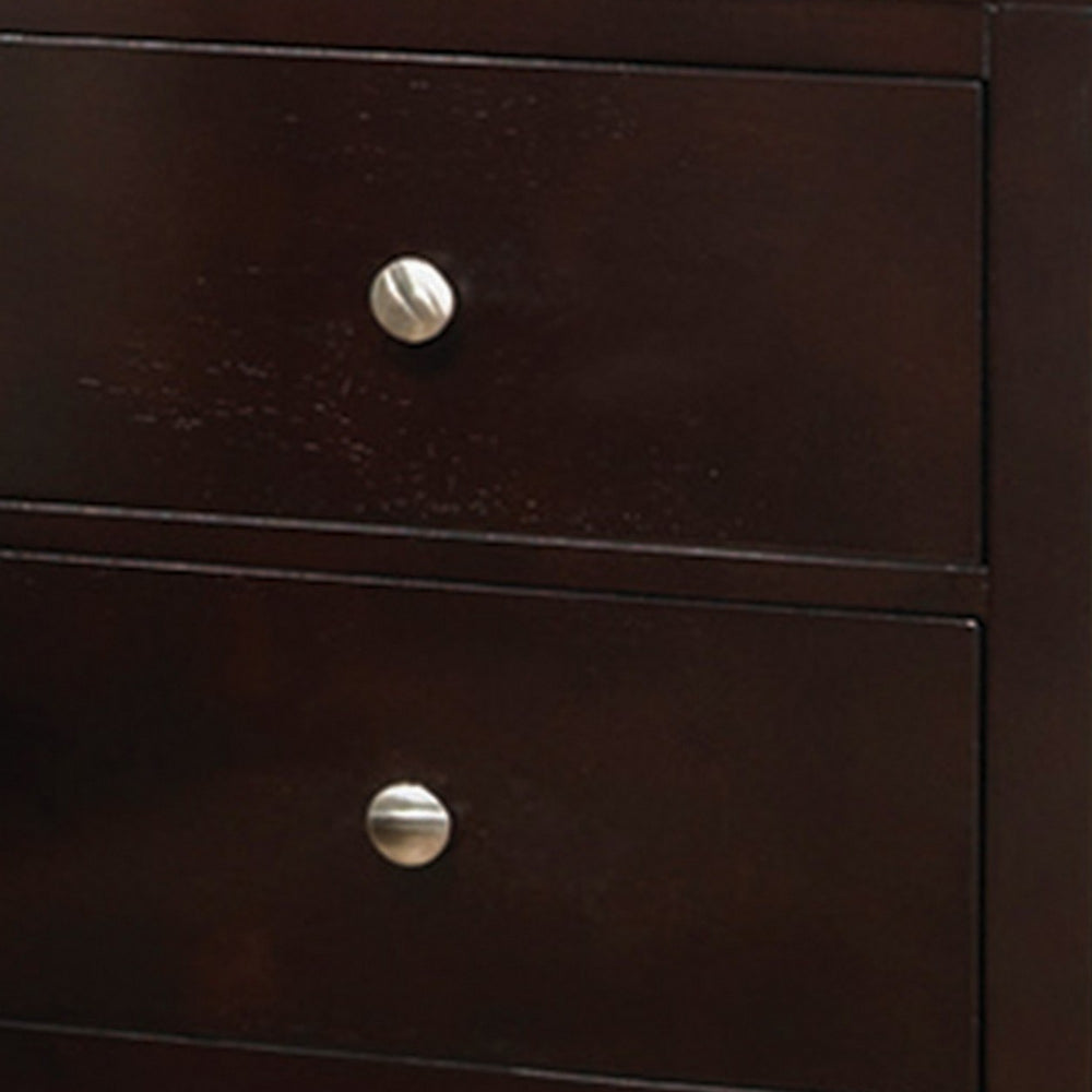 Benjara Con 26 Inch Modern 2 Drawer Nightstand, Silver Knobs, Cappuccino Brown