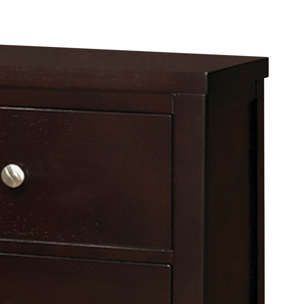 Benjara Con 26 Inch Modern 2 Drawer Nightstand, Silver Knobs, Cappuccino Brown