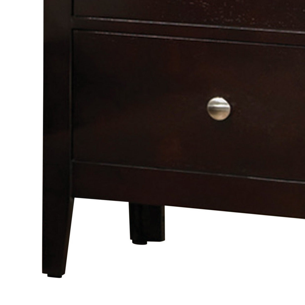 Benjara Con 26 Inch Modern 2 Drawer Nightstand, Silver Knobs, Cappuccino Brown