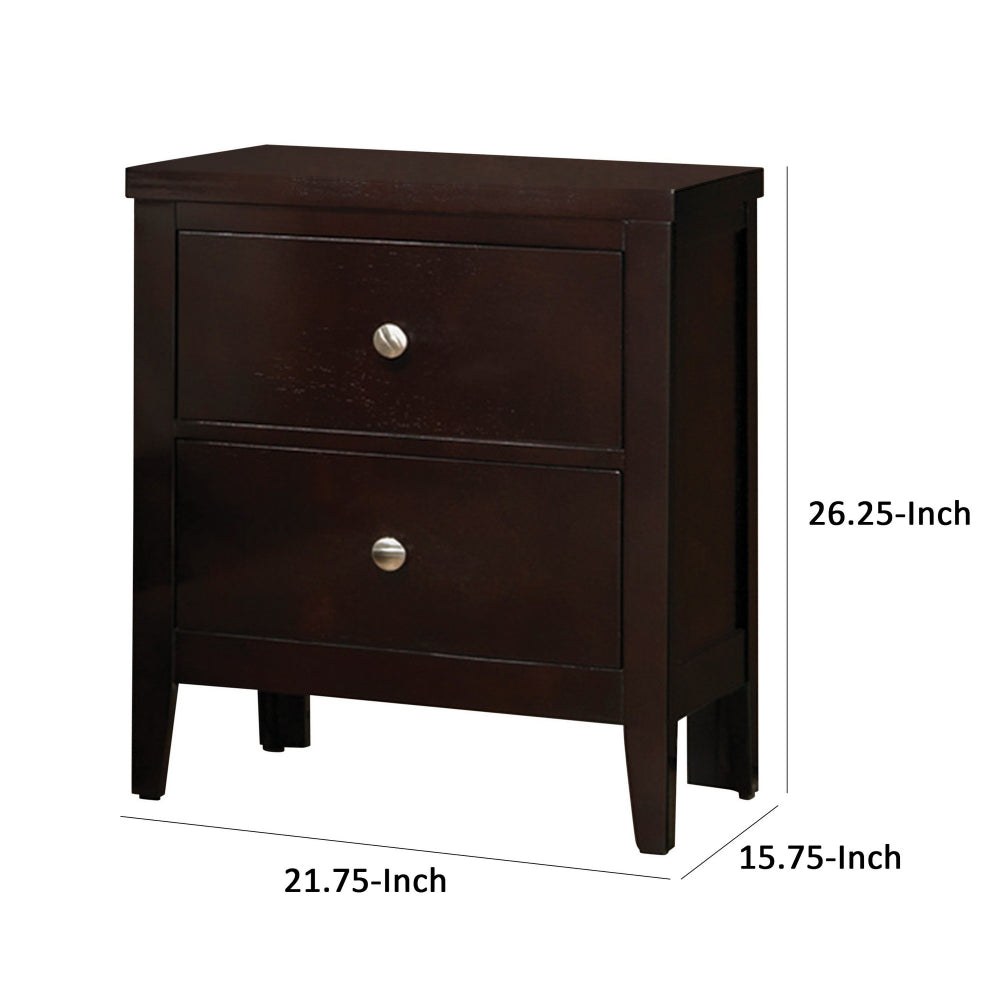 Benjara Con 26 Inch Modern 2 Drawer Nightstand, Silver Knobs, Cappuccino Brown
