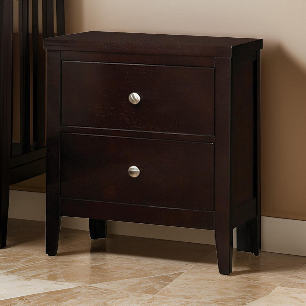Benjara Con 26 Inch Modern 2 Drawer Nightstand, Silver Knobs, Cappuccino Brown