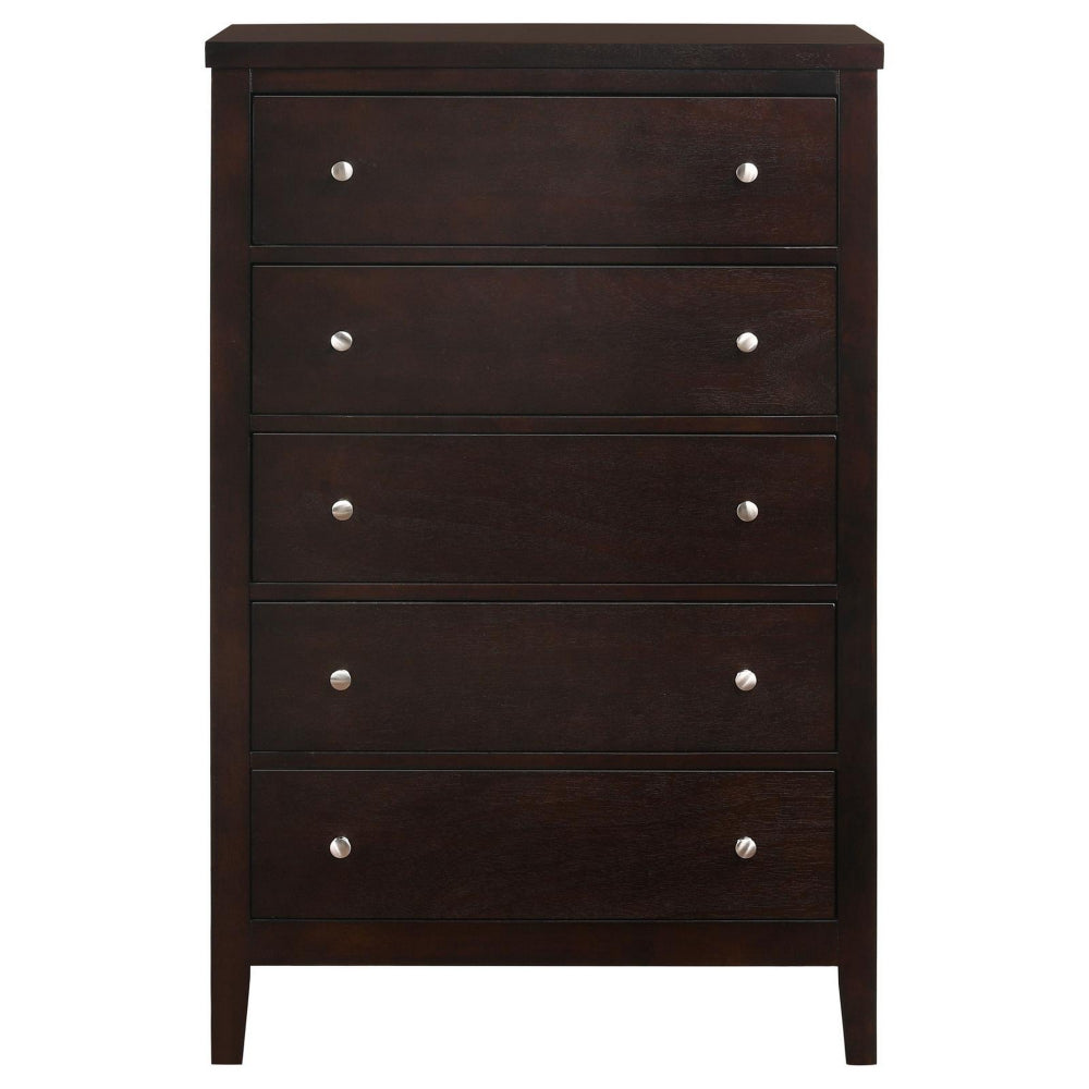 Benjara Con 48 Inch Tall 5 Drawer Dresser Chest, Silver Knobs, Cappuccino Brown