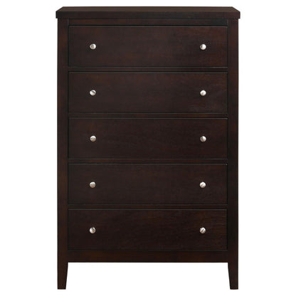Benjara Con 48 Inch Tall 5 Drawer Dresser Chest, Silver Knobs, Cappuccino Brown